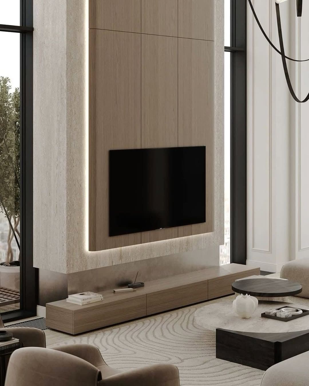 Backlit TV feature wall anchoring a formal lounge - bespoke joinery by Royalwoods Interiors, Nairobi