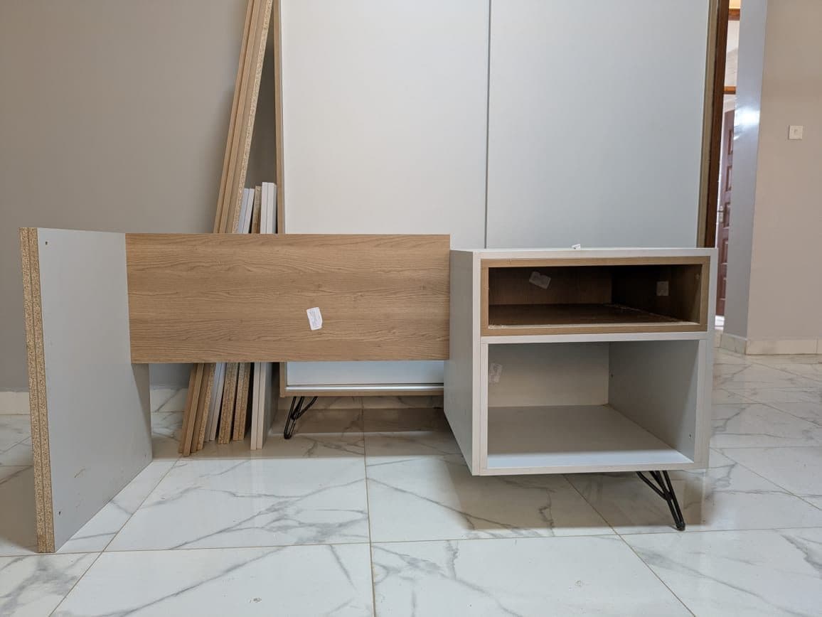 Floating-look TV console in oak and white, fresh from the workshop - bespoke joinery by Royalwoods Interiors, Nairobi